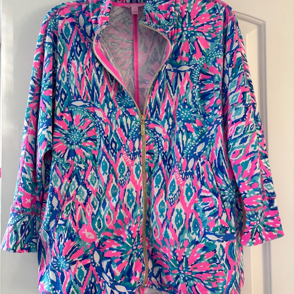 LILLY PULITZER DEEDEE SWING JACKET TIKI PINK SHAKE IT UP SZ S OVERSIZED FULL ZIP